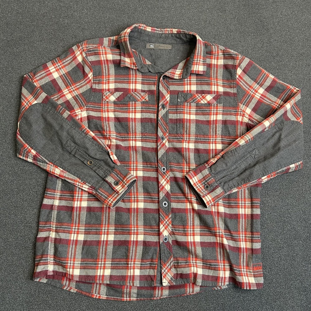 REI Shirt Mens Large Gray Red Plaid Flannel Button Front Long Sleeve Casual